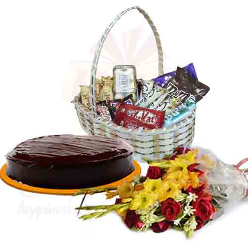 Large Choc Basket With Cake And Flowers