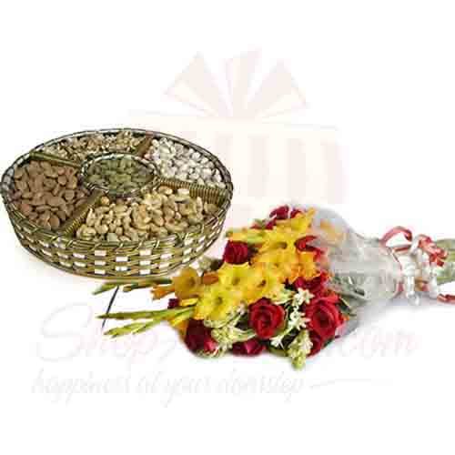 Dry Fruit Basket With Bouquet