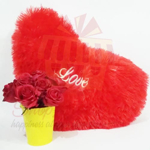 Heart Cushion With Rose Bucket