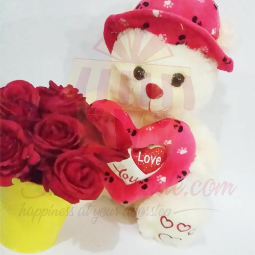 Rose Bucket With Cute Teddy