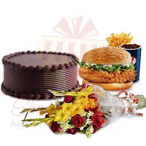 Cake and Bouquet With Zinger Meal