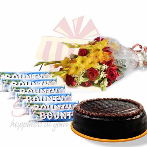 Bounty Bars With Bouquet And Cake