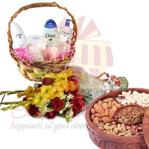 Dove Basket, Flowers And Dry Fruits