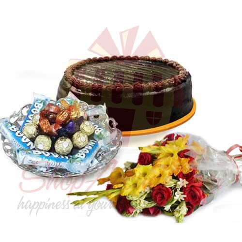 Choc Tray, Cake And Flowers