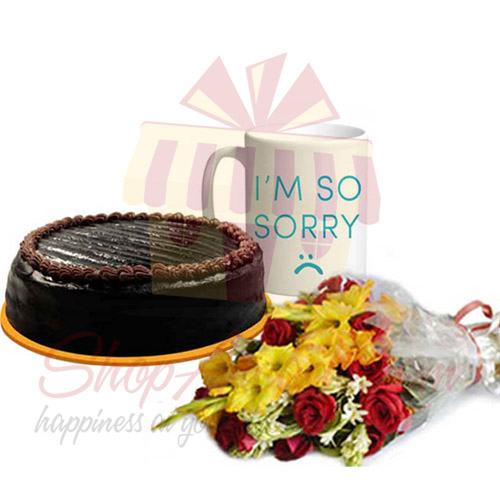 Sorry Mug, Cake And Flowers
