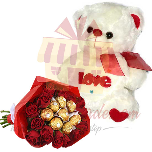 Love Teddy With Ferrero Rose Bouquet
