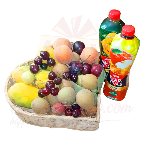 Juices With Fruits In Heart Basket