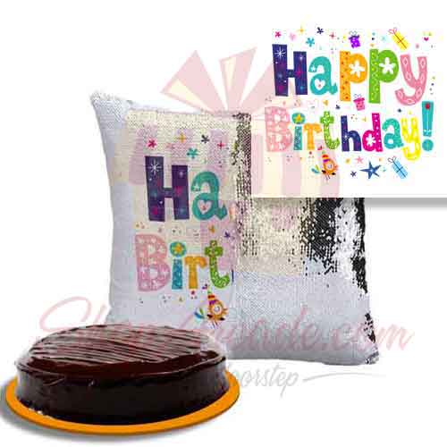 Birthday Sequin Cushion With Cake