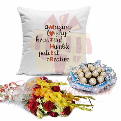 Mother Cushion Choc Tray And Flowers