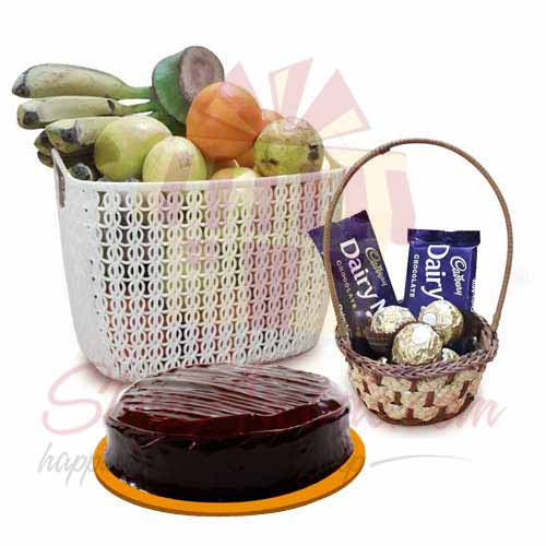 Fruits With Choc Basket And Cake