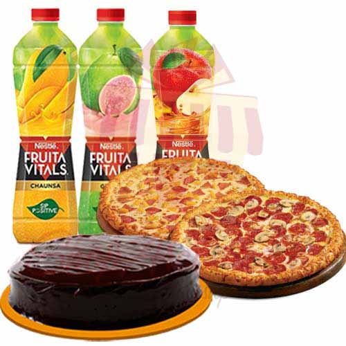 Cake With Pizza And Juices