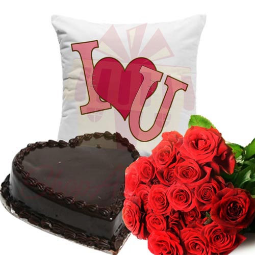 Roses With Cushion And  Heart Cake