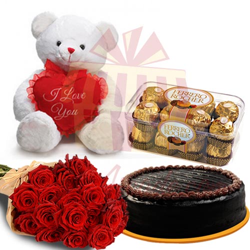 Teddy With Cake Flowers and Chocs