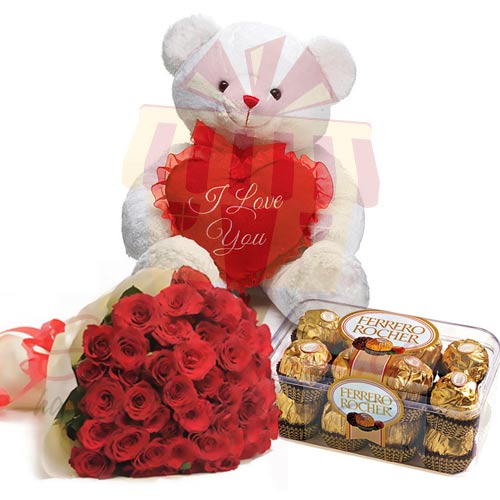 Teddy With Chocs and Roses