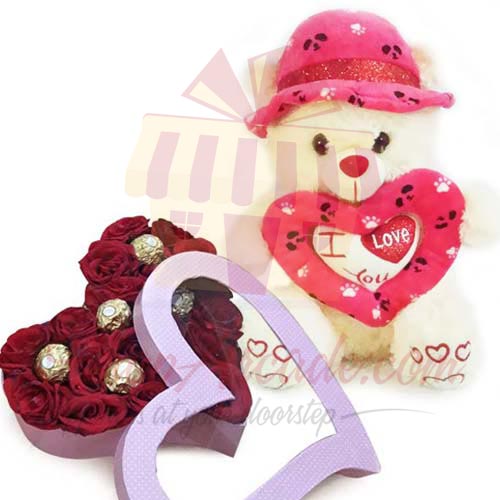 Choc Rose Heart With Teddy
