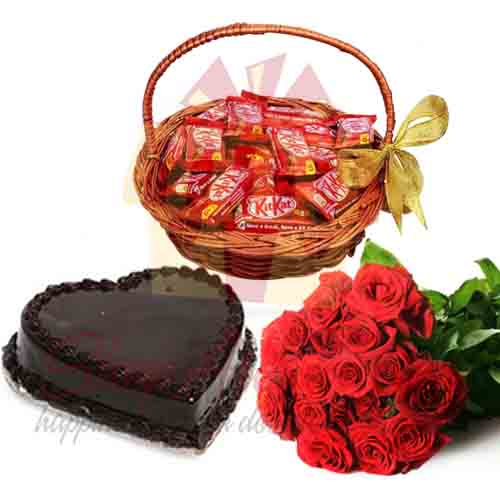 Kit Kat Basket With Heart Cake And Roses